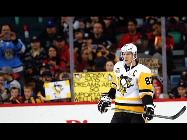 Pittsburgh Penguins Sidney Crosby during the pre-game skate before facing the Calgary Flames in NHL hockey in Calgary, Alta.  on Monday March, 13, 2017. AL CHAREST/POSTMEDIA