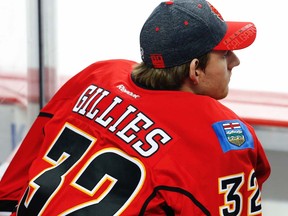 Calgary Flames goalie Jon Gillies during a break in play while facing the Boston Bruins in Calgary on March, 15, 2017.