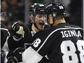 Los Angeles Kings right wing Jarome Iginla is congratulated by centre Nic Dowd after scoring against the Nashville Predators on March 9, 2017, in Los Angeles. (AP Photo)
