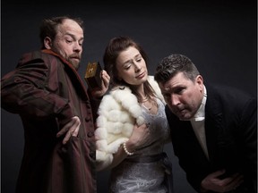 Jerod Blake (as Frank Finger), Ginette Simonot (as Julia Budder) and James Noonan (as Peter Austin) in  Simply Theatre's It's Only A Play.