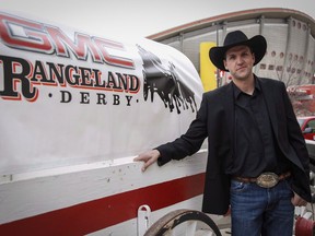 Chuckwagon driver Kurt Bensmiller with a chuckwagon at the Calgary Stampede Canvas Auction in Calgary on Thursday, March 17, 2016. Bensmiller uses an old expression when asked what he expects Thursday night during the annual chuckwagon canvas auction for the Calgary Stampede.