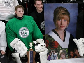 Tanner Fitzpatrick, 17, heart transplant recipient of Marit McKenzie, who passed away on Jan. 28, 2013 as a result of a pulmonary embolism, plays in the charity hockey game the Marit Cup at Winsport in Calgary, Alta., on Tuesday August 26, 2014. Leah Hennel/Postmedia