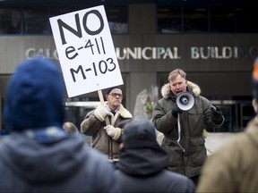 Event organizer Stephen Garvey speaks during his anti-Motion 103 rally outside of City Hall in Calgary, Alta., on Saturday, March 4, 2017. Two opposing demonstrations were occurring simultaneously just metres from each other, one supporting Motion 103, which would deem Islamophobia a hate crime, and the other opposing it, saying it would hurt freedom of speech. Lyle Aspinall/Postmedia Network