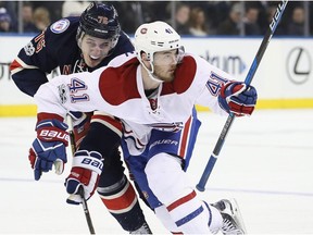 Paul Byron #41 of the Montreal Canadiens skates past Brady Skjei #76 of the New York Rangers in the third period of an NHL hockey game at Madison Square Garden on March 4, 2017 in New York, N.Y. Montreal won 4-1.