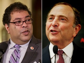 From the right: Calgary Mayor Naheed Nenshi, NHL Commissioner Gary Bettman.