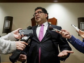 Mayor Naheed Nenshi speaks with media at City Hall in Calgary on Thursday, March 16, 2017.