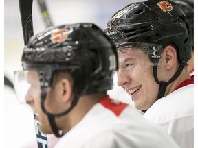 Newly acquired Calgary Flames forward Curtis Lazar smiles during practice at Winsport in Calgary on Thursday, March 2, 2017. (Lyle Aspinall)