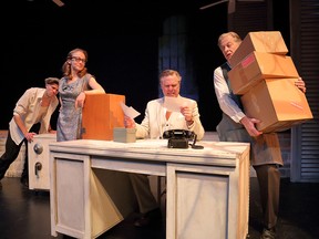 Robbie Towns, Julie Orton, Doug McKeag, and Kent Allen in Our Man in Havana, which opens Thursday at Vertigo Theatre.