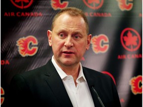 Calgary Flames GM, Brad Treliving, speaks to the media after the NHL trade deadline in Calgary, Alta., on Wednesday, March 1, 2017.