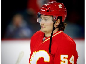 Calgary Flames Rasmus Andersson warms up prior to a game against the Los Angeles Kings in Calgary on March, 19, 2017. (Al Charest)