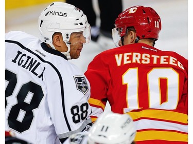 Los Angeles Kings  Jarome Iginla and Kris Versteeg of the Calgary Flames battle for position during NHL hockey in Calgary, Alta., on Sunday, March 19, 2017. AL CHAREST/POSTMEDIA