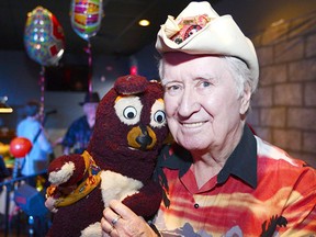 Ron "Buckshot" Barge and his pal "Benny the Bear" Celebrated Barge's 50th anniversary in style at the Silver Point Pub & Eatery in NW Calgary, Alta., on March 11, 2017. Barge was a mainstay of television entertainment for year in Canada. Ryan McLeod/Postmedia Network