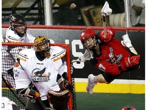 Calgary Roughnecks forward Curtis Dickson goes airborne to score on New England Black Wolves net minder Evan Kirk at the Scotiabank Saddledome in Calgary on Saturday, March 25, 2017. (Leah Hennel)