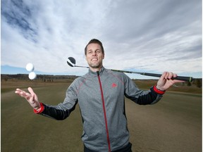 Slade King, COO of Play Golf Calgary, has some fun at Blue Devil Golf Club in southeast Calgary, Alta on Thursday March 23, 2017. Blue Devil is one of a handful of golf courses in the Calgary area which is slated to open for business on Friday or Saturday.