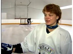 A young Reid Duke stands inside the horse barn his uncle, Sheldon Reid, converted into a hockey rink. After becoming the first player signed by the NHL expansion Vegas Golden Knights last week, Duke has chosen to speak publicly for the first time about his uncle, who died in the plane crash that also killed former Alberta premier Jim Prentice on Oct. 13, 2016. (Supplied)
