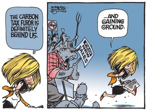 UPLOADED BY: Malcolm Mayes ::: EMAIL: mmayes:: PHONE: 780-288-3542 ::: CREDIT: Malcolm Mayes ::: CAPTION: For Edmonton Journal use only.   Alberta's Rachel Notley puts carbon tax furor behind her. (Cartoon by Malcolm Mayes)