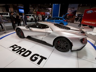 A Ford GT sits on display during the 18th annual Vehicles and Violins gala at the BMO Centre in Calgary, Alta., on Tuesday, March 14, 2017. Vehicles and Violins is a black-tie preview of the 2017 Calgary International Auto and Truck Show, featuring Calgary Philharmonic Orchestra musicians. Lyle Aspinall/Postmedia Network