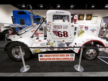 Canada's fastest diesel semi sits on display during the 18th annual Vehicles and Violins gala at the BMO Centre in Calgary, Alta., on Tuesday, March 14, 2017. Vehicles and Violins is a black-tie preview of the 2017 Calgary International Auto and Truck Show, featuring Calgary Philharmonic Orchestra musicians. Lyle Aspinall/Postmedia Network