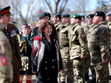 Lt. Gov. Lois Mitchell inspects members of the 41 Canadian Brigade Group during a ceremony in Calgary, Alta., on Saturday April 8, 2017 to commemorate the Battle of Vimy. Leah of Hennel/Postmedia