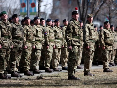Members from the British Training Unit Suffield and other members of the 41 Canadian Brigade Group during a ceremony in Calgary, Alta., on Saturday April 8, 2017 to commemorate the Battle of Vimy. Leah of Hennel/Postmedia