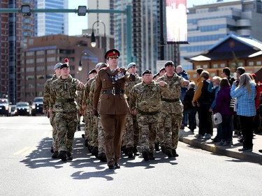 Members from the British Training Unit Suffield and other members of the 41 Canadian Brigade Group march during a parade in Calgary, Alta., on Saturday April 8, 2017 to commemorate the Battle of Vimy. Leah of Hennel/Postmedia