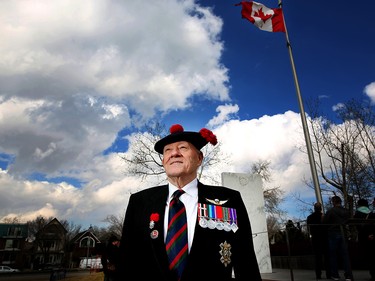 Sgt. (Ret.) John Bertram of the Black Watch Regiment, poses for a portrait after watching members of the Calgary Garrison, comprised of Calgary-based Army Reserve soldiers from 41 Canadian Brigade Group (41 CBG), joined by a contingent of 100 soldiers from the British Army Training Unit Suffield march during a parade in Calgary, Alta., on Saturday April 8, 2017 to commemorate the Battle of Vimy.