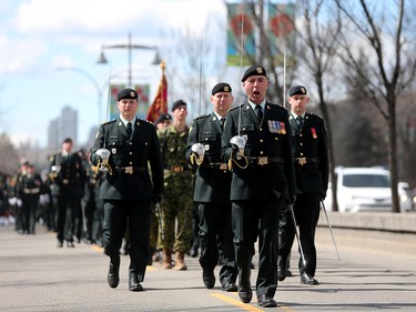 Members of the Calgary Garrison, comprised of Calgary-based Army Reserve soldiers from 41 Canadian Brigade Group (41 CBG), joined by a contingent of 100 soldiers from the British Army Training Unit Suffield march during a parade in Calgary, Alta., on Saturday April 8, 2017 to commemorate the Battle of Vimy. Leah of Hennel/Postmedia