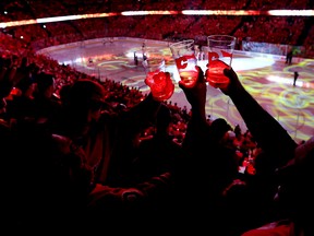 The Flames said verified playoff tickets are available through Ticketmaster or the NHL Ticket Exchange. C of Red before the Calgary Flames take on the Anaheim Ducks in NHL playoff action at the Saddledome in Calgary, Alta. on Monday April 17, 2017. Leah Hennel/Postmedia