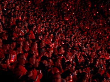 C of Red before the Calgary Flames take on the Anaheim Ducks in NHL playoff action at the Scotiabank Saddledome in Calgary, Alta. on Monday April 17, 2017. Leah Hennel/Postmedia