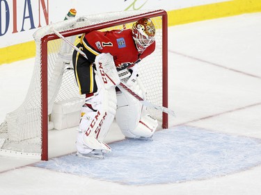 Calgary Flames goalie Brian Elliott reacts after giving up a goal to the Anaheim Ducks during NHL playoff action at the Scotiabank Saddledome in Calgary, Alta. on Monday April 17, 2017. Leah Hennel/Postmedia