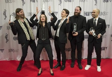 July Talk accepts the Alternative Album of the Year at the Juno Gala awards show in Ottawa, Saturday, April 1, 2017. THE CANADIAN PRESS/Adrian Wyld