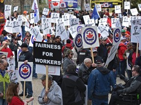 An Alberta Federation of Labour rally about labour code issues outside the Alberta Legislature in April 2017.