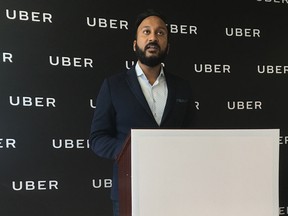 Ramit Kar, Uber's western Canada general manager, at a news conference on Monday, April 10.