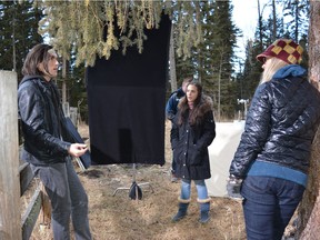 Actors Charlie Kerr and Sophia Lauchlin Hirt and director Sandi Somers on the set of Ice Blue.