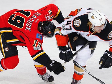 Calgary Flames Matthew Tkachuk collides with  Hampus Lindholm of the Anaheim Ducks during 2017 Stanley Cup playoffs in Calgary, Alta., on Wednesday, April 19, 2017. AL CHAREST/POSTMEDIA