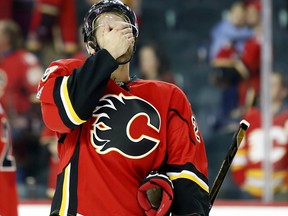 Calgary Flames Freddie Hamilton reacts to their loss against the Anaheim Ducks in NHL playoff hockey action at the Scotiabank Saddledome in Calgary, Alta. on Wednesday April 19, 2017. Leah Hennel/Postmedia