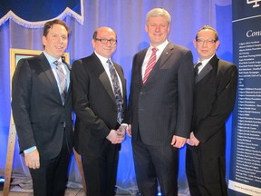 Pictured, from left at the  66th Annual B'nai Brith Dinner held Mar 16 at the Beth Tzedec Synagogue are B'Nai Brith Canada president Michael Mostyn, dinner chair Howard Silver, honouree former Prime Minister Stephen Harper and B'Nai Brith Calgary Lodge #816 president Dr. Robert Barsky. Harper's riveting address was met with a lengthy standing ovation.