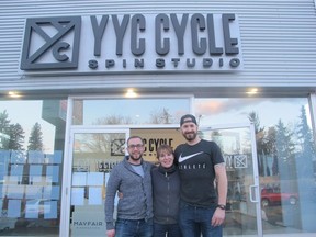 Cal 0415 Spin alone  Pictured at  Saddle Up for Men's Health, a fun and fit way to spin support for Calgary's Prostate Cancer Centre are, from left, the centre's Sheldon Semmler, event chair and PCC board member Dr. Shelley Spaner and invaluable event partner, YYC Cycle co-owner Andrew Obrecht. The second annual spin event netted an impressive $55,000 for MenÕs Health Programs at the Prostate Cancer Centre. In 2016, 34 MenÕs Health Clinics were held across the city and province, reaching almost 900 men. The clinics and their programs increase awareness and aid research in areas impacting men; including sexual health, cardiovascular health, male-specific cancers and mental health.