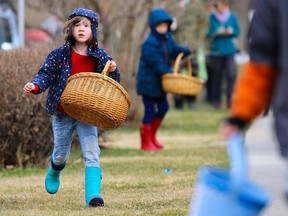 Kids race to search for eggs during a neighbourhood Easter egg hunt in Hillhurst on Saturday April 15, 2017. Gavin Young/Postmedia Network