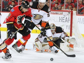 The Calgary Flames Alex Chiasson looks to grab the loose puck in front of the Anaheim Ducks' Shea Theadore and goaltender John Gibson during game 3 of their Stanley Cup playoff series at the Scotiabank Saddledome on Monday April 17, 2017.