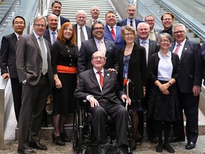 Former Calgary alderman Dale Hodges is congratulated by Calgary Mayor Naheed Nenshi and the rest of City Council after they voted to name a northwest Calgary park after him. Dale Hodges is Calgary's longest-serving member of Council, as he served Ward 1 for 10 terms, from 1983 - 2013. Dale Hodges park will be where east Bowmont park is now. Gavin Young/Postmedia Network