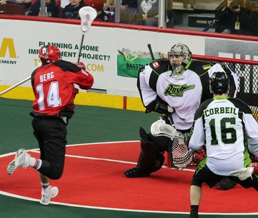 The Calgary Roughnecks' Wesley Berg fires a shot on  Saskatchewan Rush goalie Aaron Bold during National Lacrosse League action in Calgary on Saturday April 29, 2017.
Gavin Young/Postmedia Network