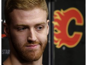 Calgary Flames Dougie Hamilton speaks to members of the media at the Scotiabank Saddledome in Calgary, Alta. on Friday April 21, 2017. Leah Hennel/Postmediaat