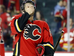 Calgary Flames Freddie Hamilton reacts to their loss against the Anaheim Ducks in NHL playoff hockey action at the Scotiabank Saddledome in Calgary, Alta. on Wednesday April 19, 2017. Leah Hennel/Postmedia