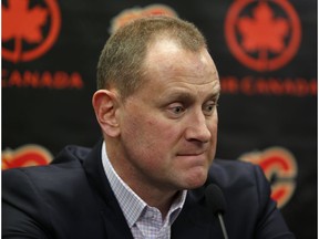 Calgary Flames GM Brad Treliving speaks with the media at the Scotiabank Saddledome in Calgary, Alta. on Friday April 21, 2017.