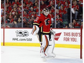 Calgary Flames goalie Chad Johnson reacts to giving up a goal to the Anaheim Ducks in Game 4 of their playoff series at the Scotiabank Saddledome in Calgary on Wednesday, April 19, 2017. (Leah Hennel)