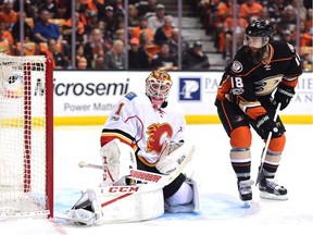 Goaltender Brian Elliott of the Calgary Flames and Patrick Eaves of the Anaheim Ducks react to a goal from Ryan Getzlaf to take a 1-0 lead during the first period in Game One of the Western Conference First Round during the 2017 NHL Stanley Cup Playoffs at Honda Center on April 13, 2017 in Anaheim, California.