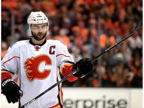 Mark Giordano of the Calgary Flames takes to the ice during the third period of Game 2 of the opening playoff round against the Anaheim Ducks at Honda Center on April 15, 2017, in Anaheim, Calif. (M. Haffey/Getty Images)