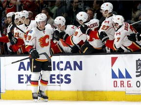 Micheal Ferland #79 of the Calgary Flames skates past the bench after scoring a goal during the second period of a game against the Los Angeles Kings at Staples Center on April 6, 2017 in Los Angeles, California.