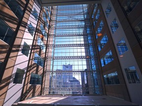 The interior glass lobby of the Calgary Courts Centre